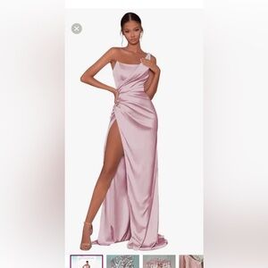 Lavetir Pink Satin One Shoulder Evening Gown with Lace Up Back. NWT. Size 8.
